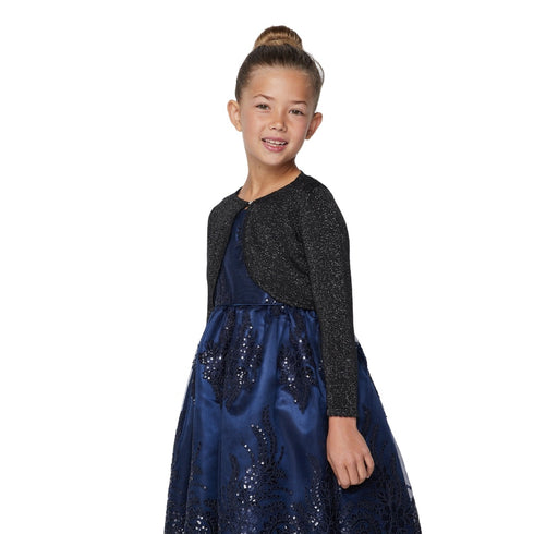 Little Girls Black Metallic Shiny Rhinestone Flower Button Sweater Bolero 2T-6 - SophiasStyle.com